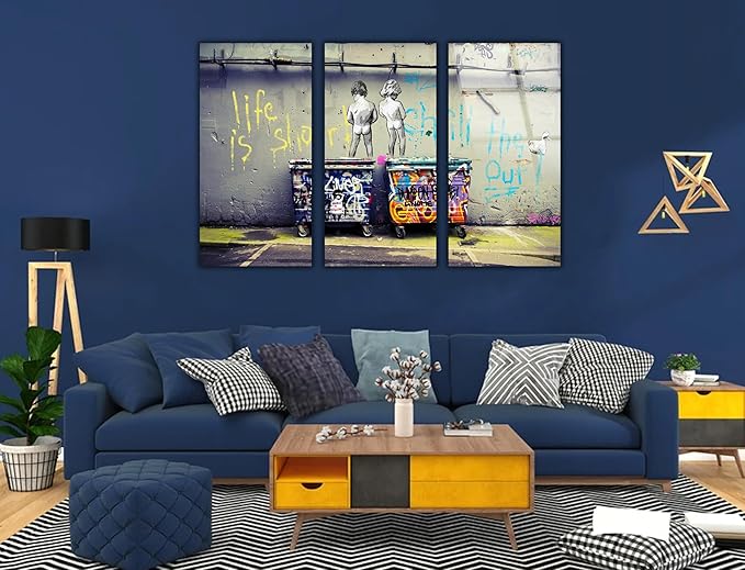 SpiritualHands Banksy Peeing Boys Life Is Short Printed Tempered Glass Wall Art Painting for Living Room, Tempered Glass Modern Prints Decor, Large Vivid Color Panel for Bedroom, Kitchen, or Office