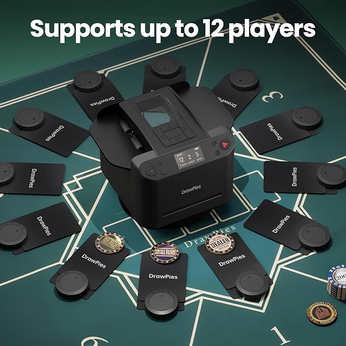 Automatic Card Shuffler and Dealer 2-in-1 Machine Set, 1-12 Player, Rotatable 360°, Remote Card Calling, Ultra Quiet, Rechargeable, 12 Remote Controls, 2 Decks of Cards, 1 Poker Table Top