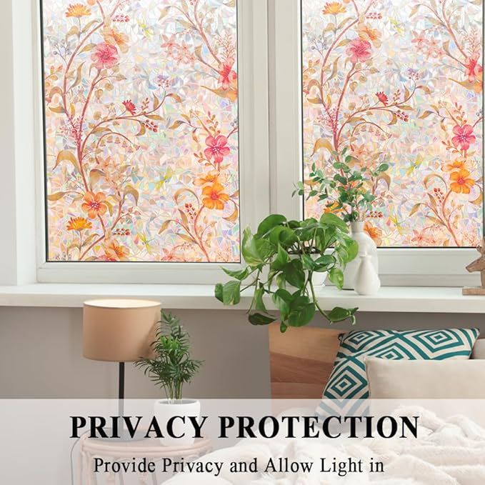 Stained Glass Window Film Static Cling Door Privacy Film Decorative Flowers Red Leaves Window Decals Stickers Heat Control Anti UV for Home and Office,23.6 inches by 118 inches