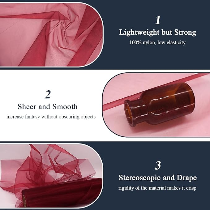 Organza Tulle Fabric Rolls, Crystal Organza 12" by 50 Yards (150 ft) Sheer Nylon Silky Shiny Netting Spool Bolt for DIY Craft Table Runner Wedding Baby Shower Party Decor (Burgundy)