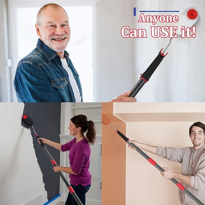 Multi-Function Paint Roller Kit - 72in Stainless Steel Pole, Mural Brush for Walls & Ceiling, No Drip, Grey