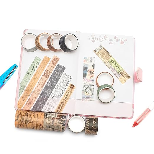 YUBX Vintage Washi Tape Set 10 Rolls Wide Decorative Antique Map Stamp Newspaper Masking Tapes for Arts, DIY Crafts, Journals, Planners, Scrapbook, Wrapping 9/16'', 13/16'', 1'', 1 3/4'', 2 3/8''