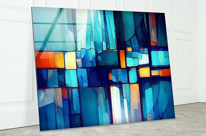 My Photostation.com 20Wx14H'' Blue Vibrant Stained Glass Wall ArtTempered Glass Printing Wall Decor Large Wall Art Wall Hangings