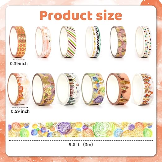 MPOPUUL Gold Foil Washi Tape Set 12 Rolls - Blooming Masking Tape, Decorative Tape for Bullet Journals Supplies, Gift Wrapping, DIY Crafts, Scrapbooking, Planners