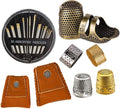8 Pcs Thimble + 30 Pcs Sewing Needles, Finger Protector Fingertip Adjustable Metal Bronze Rings and Leather Coin Thimble for Needlework, Hand Embroidery Craft