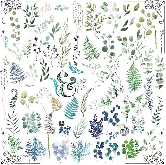 Vintage Vellum Stickers Floral Plants Elements Scrapbooking Supplies Flowers Botanic Natural Translucent Paper Self-Adhesive Junk-Journal Items (Eucalyptus)