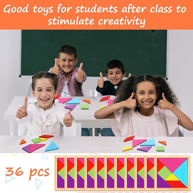 Shappy 36 Pieces Wooden Tangram Puzzles for Kids Educational Shape Puzzle Toys Geometric Pattern Brain Logic Puzzle Blocks for Students Educational Activities Back to School Gifts(Classic Style)