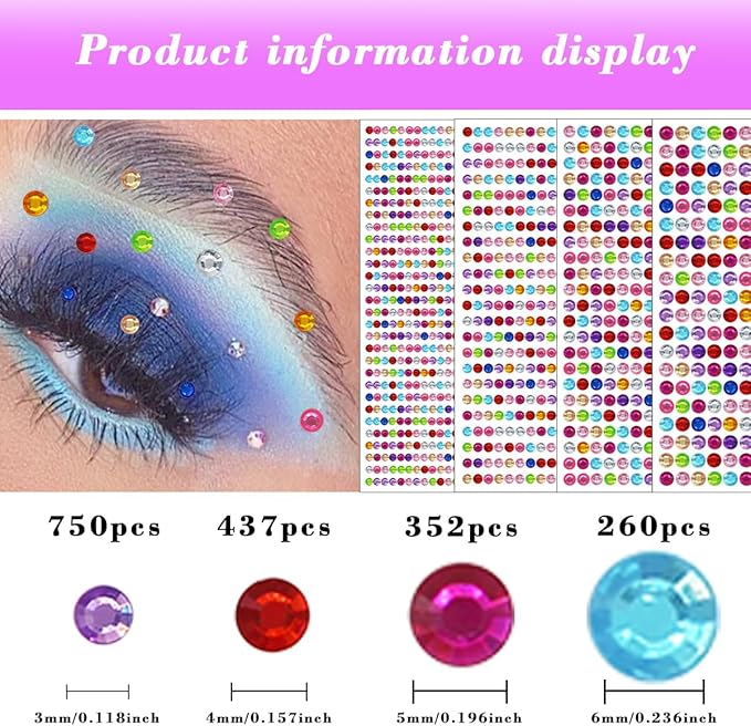 1799 Pcs 4 Sheets Rhinestone Stickers 3/4/5/6 mm Self Adhesive Rhinestones Gems for Face Eyes Makeup Hair Body (color-3/4/5/6mm)