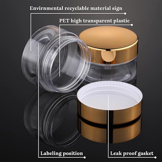SATINIOR 12 Pack 6 oz Plastic Container Jars with Lids Round Clear Travel Cosmetic Container Slime Jars for Toiletries, Lotion, Cream, Ointments, Makeup, Rhinestone, Samples, Kitchen Storage(Gold)
