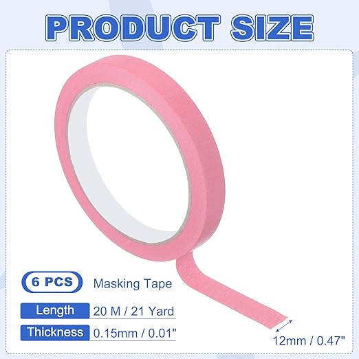 MECCANIXITY Masking Tape 0.5 Inch x 21 Yard Painter's Tape Pink Paint Tapes for DIY Crafts Arts Drawing Decoration Labeling Car Painting Artist Teachers, Pack of 6