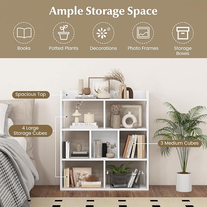 Giantex 7 Cube Bookshelf of 2, Free-Standing Wooden Bookcase, 4 Tier Home Display Shelf, Horizontal Storage Unit w/Anti-Toppling Devices, Open-Back Display Rack for Study, Living Room, White