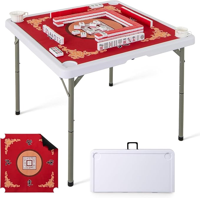 Giantex Folding Mahjong Table, 35" Square Card Table with Cup Holders, Removable Noise Reduction Mat, HDPE Tabletop, 4-Player Portable Domino Tables for Poker Blackjack Board Game (Red)