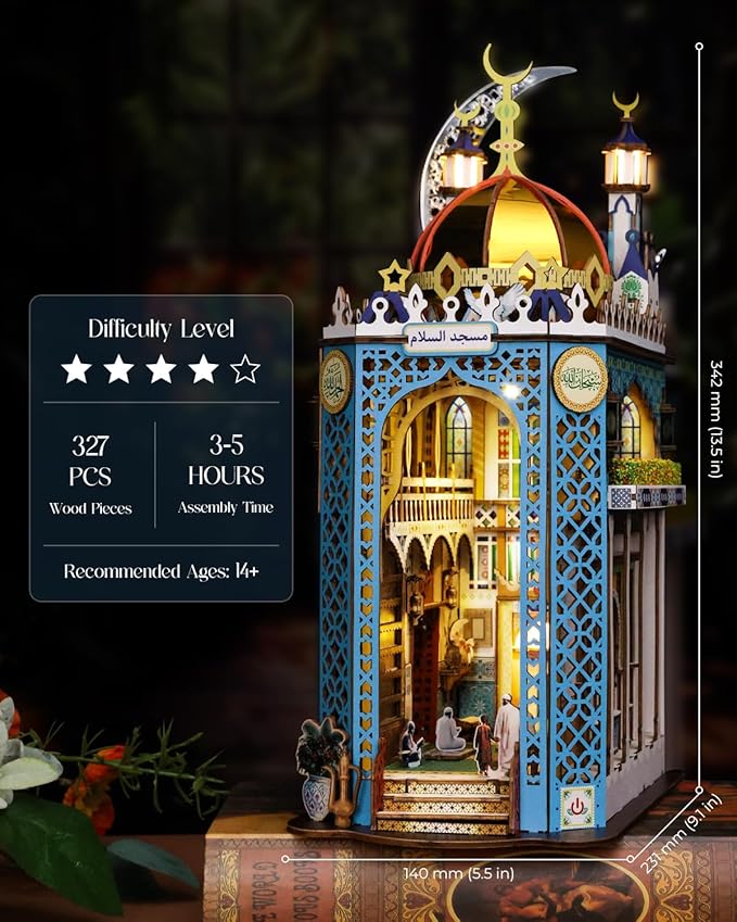 DIY Book Nook Kit, 3D Wooden Puzzle Mosque Miniature Booknook Bookend Bookshelf Decor with LED Light, The Tiny House for Adults Teen, Dollhouse Kit (Mosque)