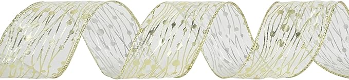 MEEDEE Gold Wired Ribbon - 2.5 Inch Sheer Organza With Horizontal Stripes and Polka Dots - 25 Yards for Gift Wrapping, Garland