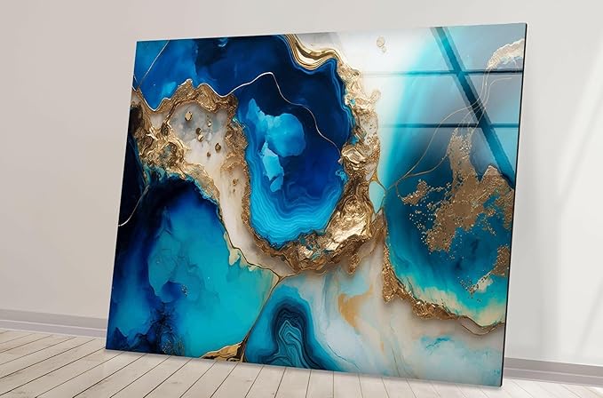 My Photostation.com 43Wx27H'' Blue Alcohol ink Glass Wall ArtTempered Glass Printing Wall Decor Large Wall Art Wall Hangings