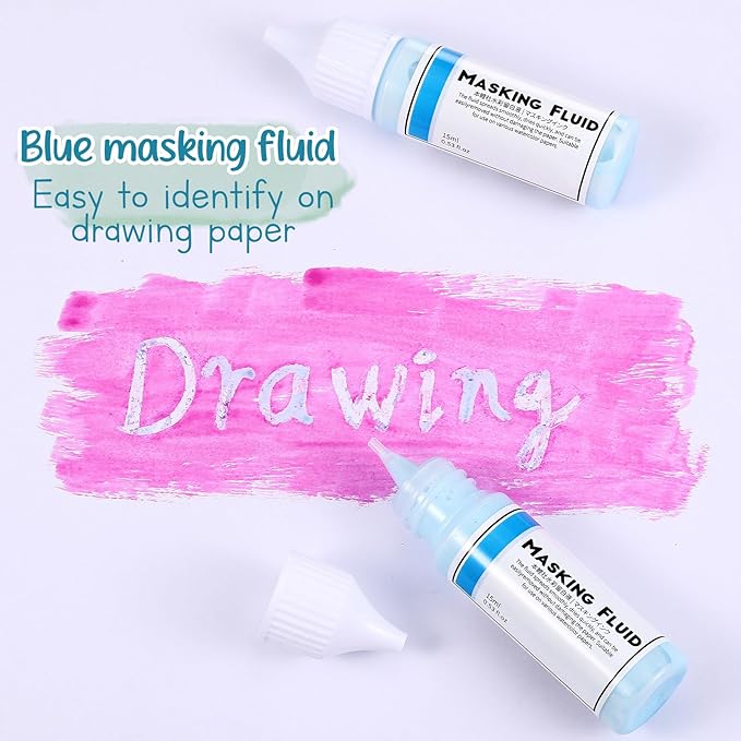 2 Pcs Masking Fluid for Watercolor Painting, 15ml Capacity Bottle with 3mm Applicator Nozzle, Masking Fluid Pen for Various Art Projects Watercolor Ink(Blue)
