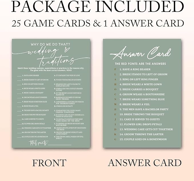 Bridal Shower Games Cards, Wedding Traditions Why Do We Do That, 25 Game Cards with 1 Answer Card, Engagement Party Wedding Games for Guests, Minimalist Green Wedding Party Supplies - C08
