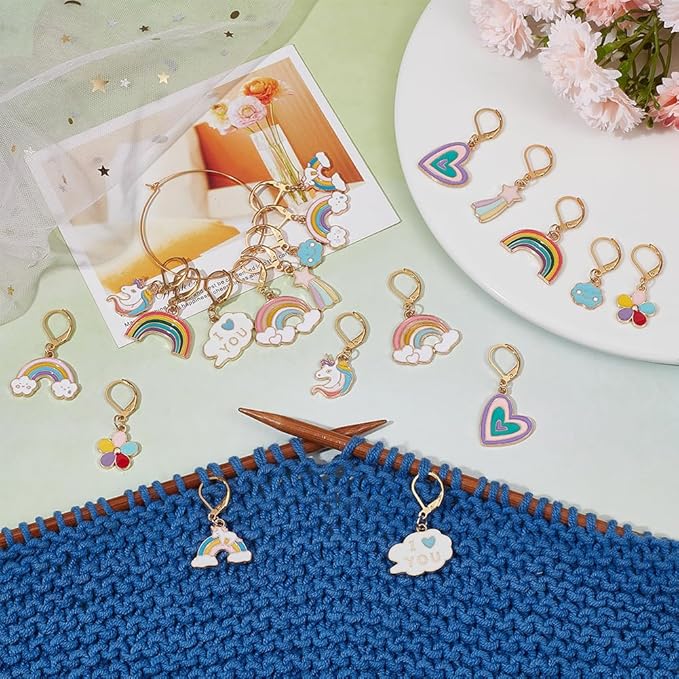 SUNNYCLUE 1 Box 20Pcs Knitting Stitch Markers Crochet Rainbow Colorful Leverback Charms Cute Crochet Markers for Knitting Weaving Sewing Needleworks Women DIY Craft