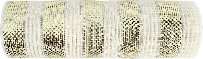 MEEDEE Cream Cotton & Deluxe Metallic Champagne Striped Deco Mesh - 30 Feet for Christmas Tree, Wreaths, Garland, Gift Wrapping, Bows Making