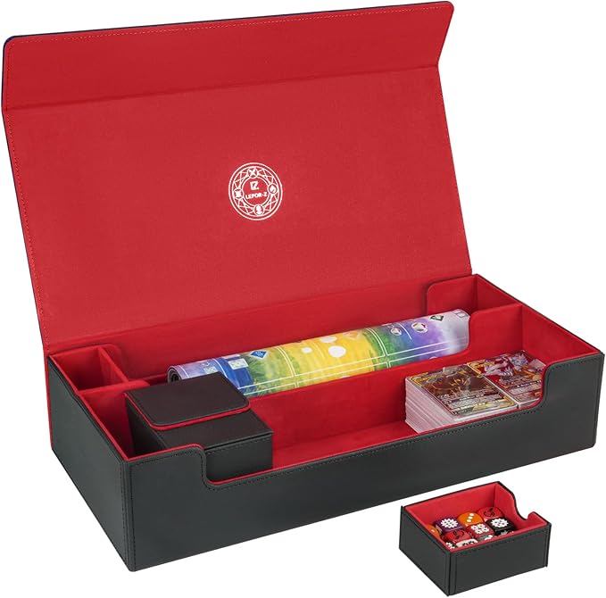 Card Deck Box,X-Large Premium Trading Card Storage Case with Mat and Dice Compartment,Magnetic Game Deck Display Case Compatible with MTG/TCG/Yugioh/Magic/Commander(Black＆Red)