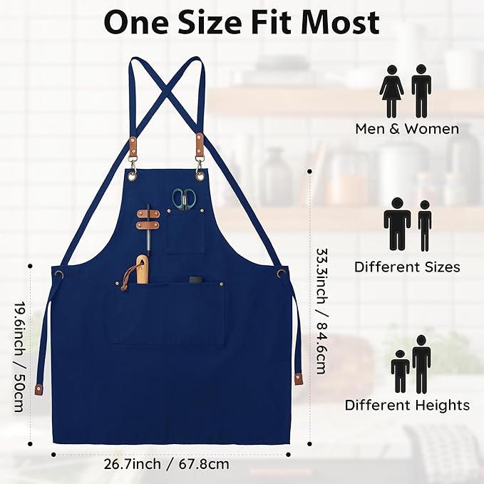 Canvas Aprons, Kitchen Chef Aprons, Work Aprons for Men Women, Adjustable Strap Aprons with 3 Pockets