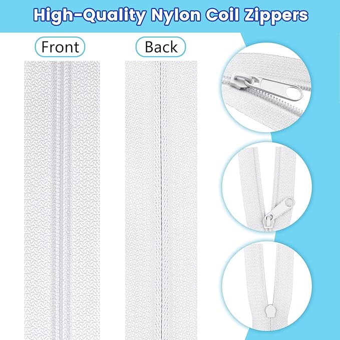 DOITEM 15.3 Yards/ 14 m 5 Pieces Assorted Colors #3 Nylon Coil Zippers, Sewing Zippers Endless Zips with 20 Pieces Zipper Sliders Zip Heads for DIY Sewing Tailor Craft Supplies (Blue White)