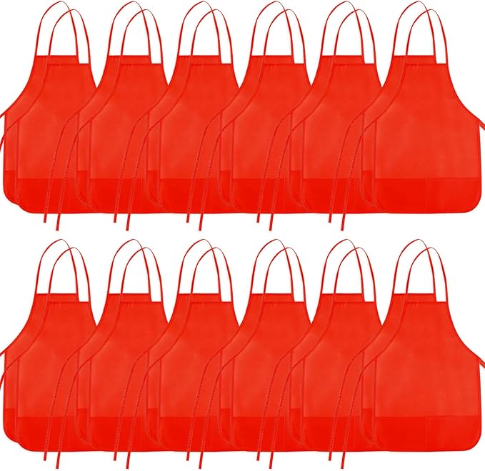 24 Pieces Red Kids Painting Aprons Kids Art Aprons with 2 Roomy Pockets Kids Aprons for Art Painting Activity Kitchen Crafts