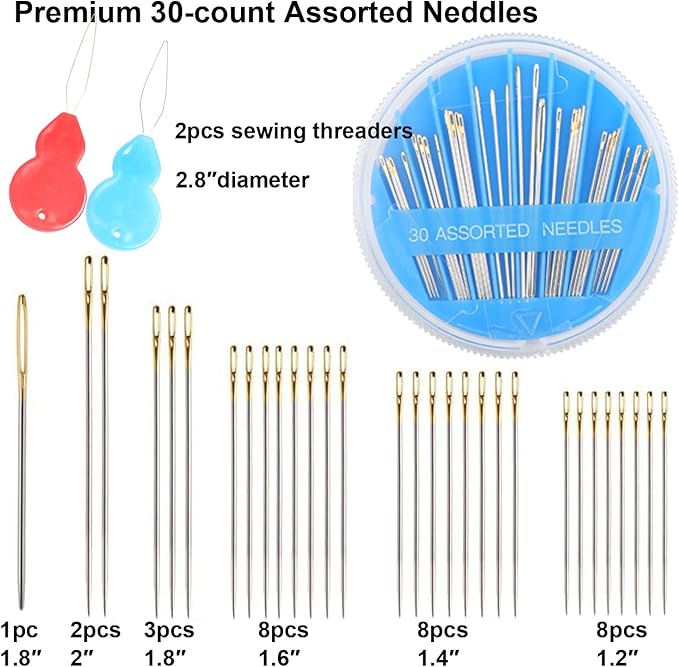 Eketirry 120pcs Premium Hand Sewing Needles，4 Pack 30-Count Assorted Needles for Sewing Repair, 6 Different Sizes Sewing Needles with 2 Threaders (Blue& Black& Pink)