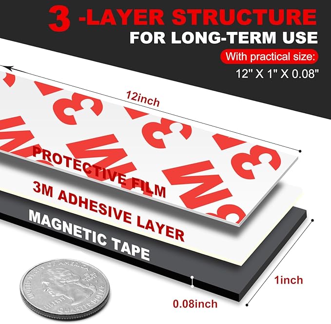 Thaibear Magnetic Strip, Flexible Magnetic Strips with Adhesive Backing (5 Pack, 12" x 1") Strong Sticky Magnetic Tape for Kitchen, Garden - Magnet Tape Strip Holder Strip for Wall