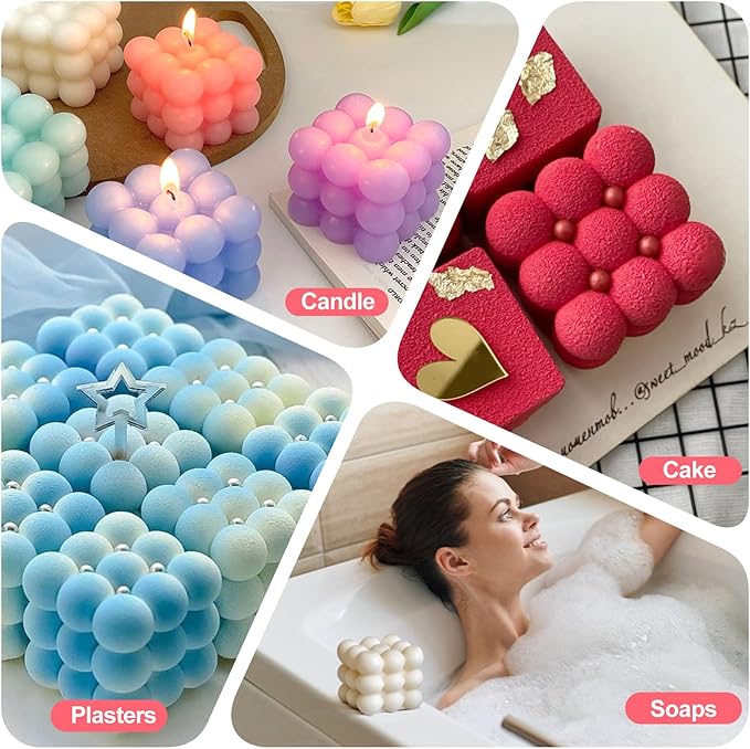 JDH 3D Bubble Candle Silicone Molds 15 Cavity Cube Silicone Candle Molds Soap Mold for Candle Making,Soap Making Bubble Cake Mold Baking Mousse Cake Dessert Jelly Ice Cream