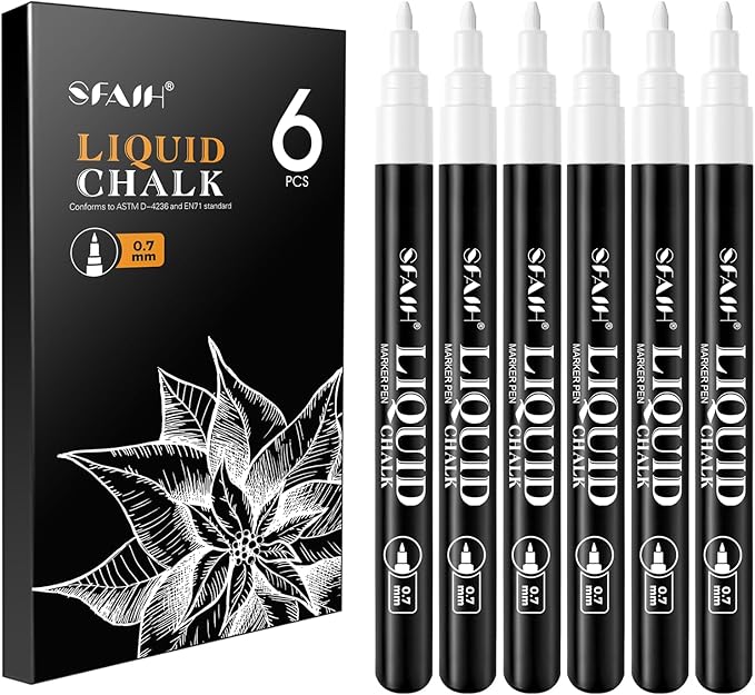 SFAIH Chalk Markers for Blackboard - White 6 Pack 0.7mm Fine Tip, Wet Erase Liquid Chalk Marker for Blackboard, Menu, Bistro, Signs, Windows, Glass, Food Labels, Dust-Free, Non Toxic