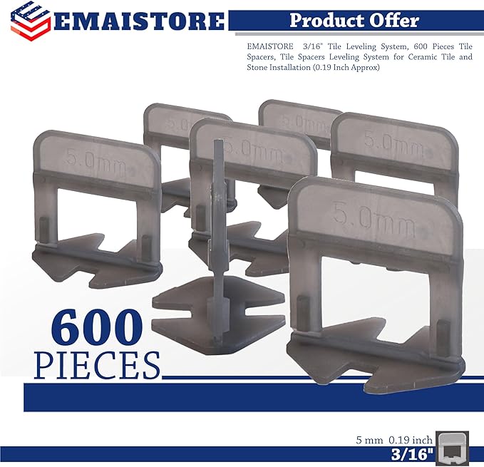 Tile Leveling System (3/16 Inch) – 600 Tile Spacers – Compatible with Most Wedges for Smooth, Seamless Floor & Wall Tile Installation – 5mm Ceramic & Stone Spacers