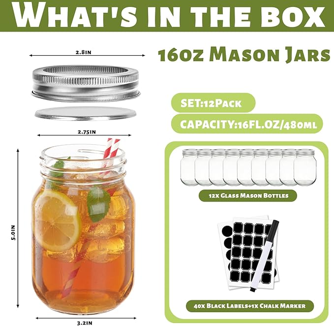 Haneye 16 oz Glass Mason Jars, 12 Pack Clear Glass Jars with Regular Lids, Canning Jars for Honey, Yogurt, Wedding Favors, Food Storage, Vegetables, Includes 40 Black Labels