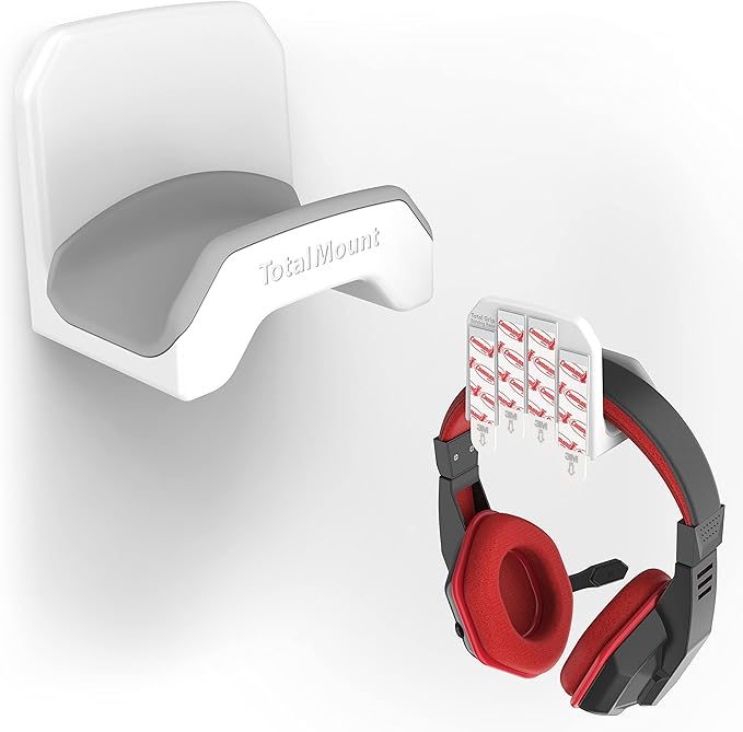 TotalMount Gaming Headset Hanger – Includes Removable Adhesive Strips for Easy, Damage-Free Wall, Desk, or PC Mounting (White Headphone Hook with Premium Silicone Cradle – One Pack)