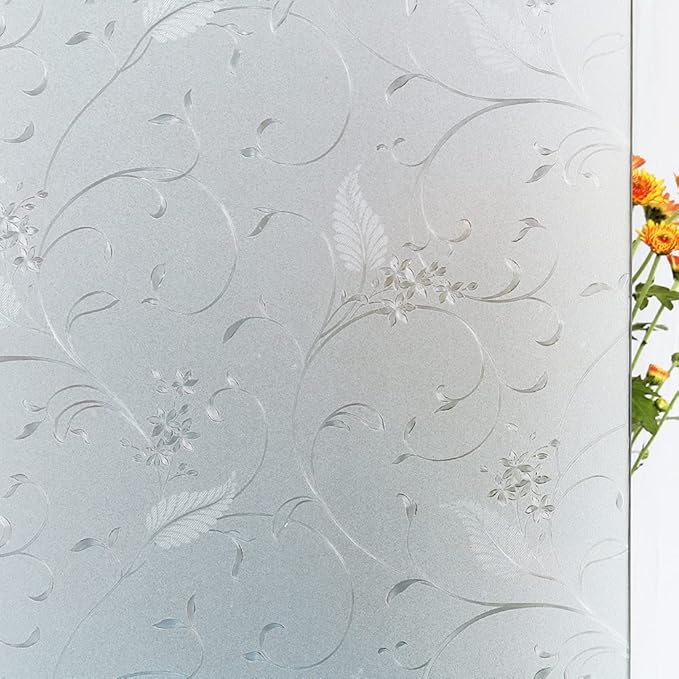 Mikomer Privacy Window Film Etched Flowers Static Cling Glass Door Film, Non Adhesive Heat Control Anti UV Window Cling for Office and Home Decoration,17.5 inches by 118 inches