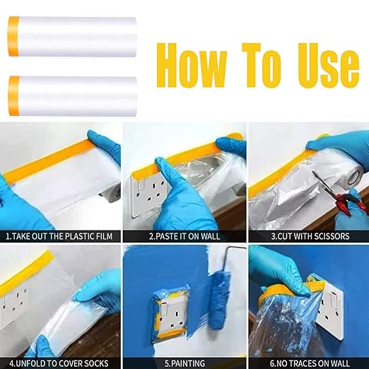 Painters Plastic With Tape, Pre-Taped Masking Film, 10 Rolls Automotive Best Tape and Drape, Paint Adhesive Protective Film Roll for Covering Skirting, Frames, Cars and Auto Body (5 X 65-Feet) (10)