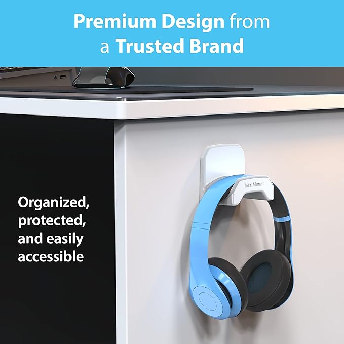 TotalMount Gaming Headset Hanger – Includes Removable Adhesive Strips for Easy, Damage-Free Wall, Desk, or PC Mounting (White Headphone Hook with Premium Silicone Cradle – One Pack)