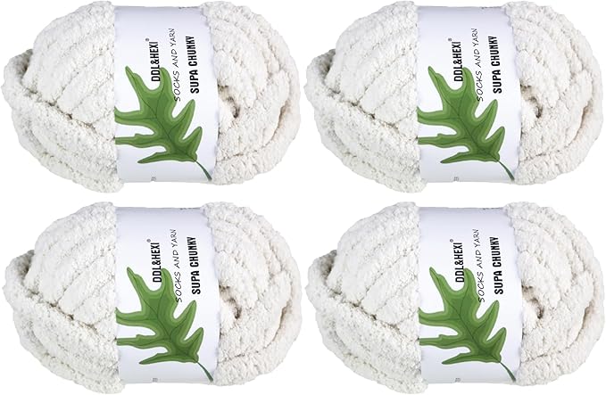 DDL&HEXI 4 Pack Super Chenille Chunky Yarn for Hand Knit, Blanket Making Kit, Jumbo Knitting, 4x8oz (226g) per Bag, Soft Polyester for Crochet, Knitting, and DIY Projects (White-4)