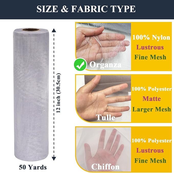 Silver Organza Tulle Fabric Rolls, Crystal Organza 12" by 50 Yards (150 ft) Sheer Nylon Silky Shiny Netting Spool Bolt for DIY Craft Table Runner Wedding Baby Shower Party Decor (Silver)