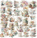 Vintage Vellum Stickers Floral Plants Elements Scrapbooking Supplies Flowers Botanic Natural Translucent Paper Self-Adhesive Junk-Journal Items (Tea Cup)