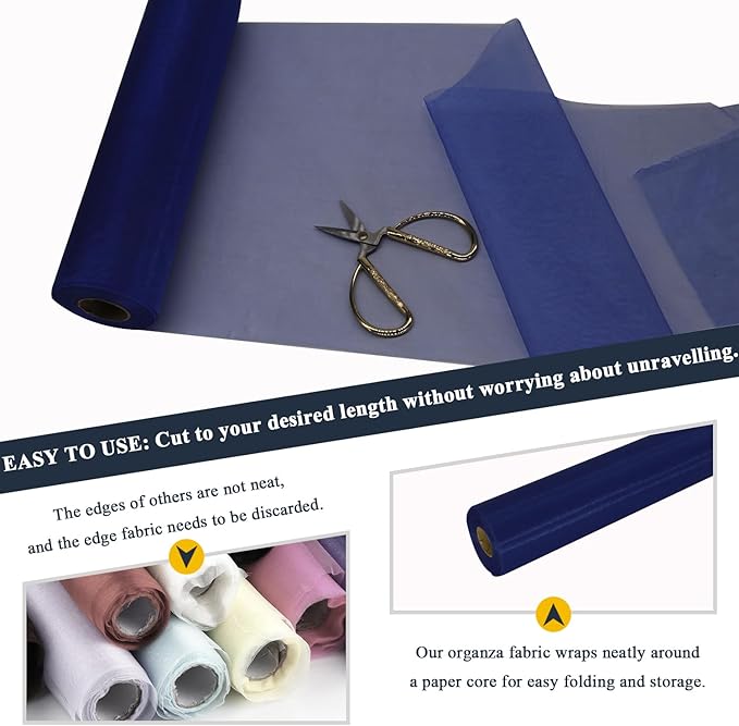 Organza Tulle Fabric Rolls, Crystal Organza 12" by 50 Yards (150 ft) Sheer Nylon Silky Shiny Netting Spool Bolt for DIY Craft Table Runner Wedding Baby Shower Party Decor (Navy Blue)