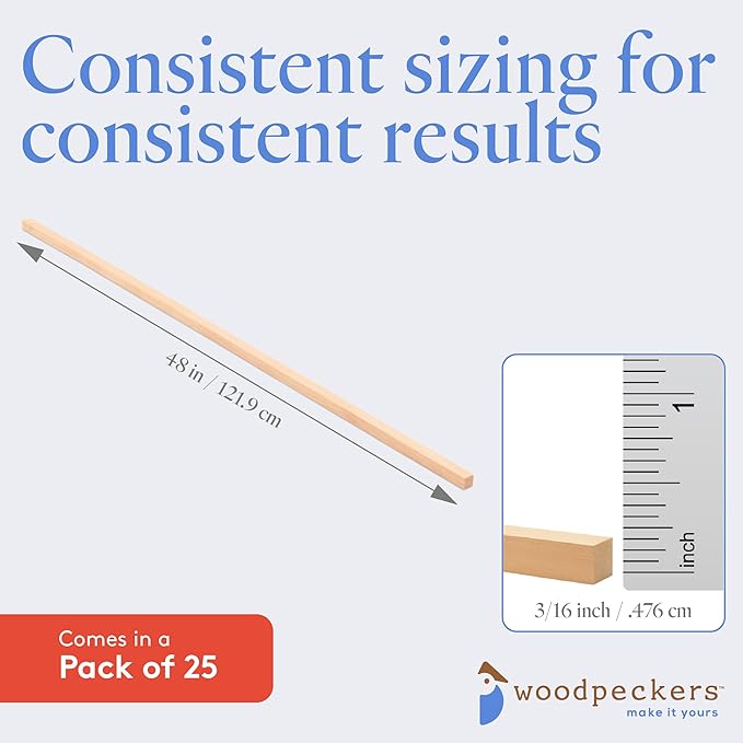 Wood Square Dowel Rods 3/16-inch x 48 Pack of 25 Wooden Craft Sticks for Crafts and Woodworking by Woodpeckers