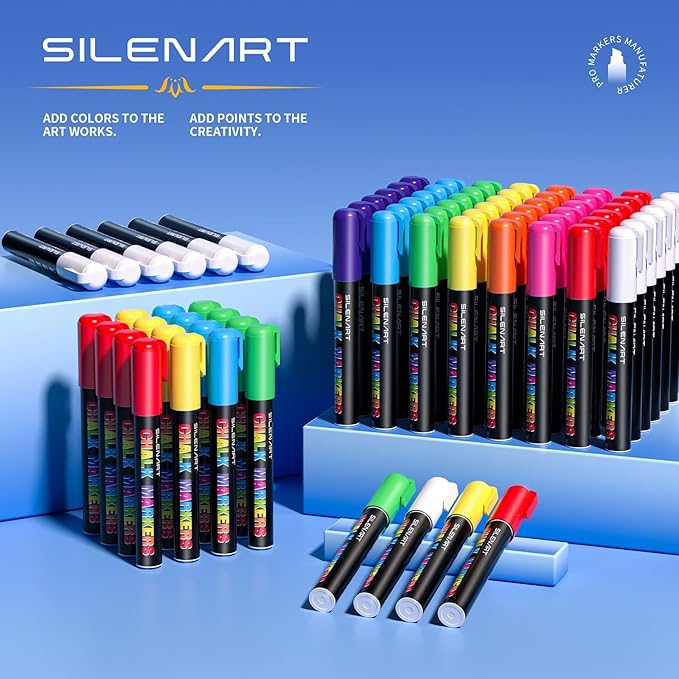 SILENART Blue Chalk Markers 2 Pack - Blue Dry Erase Markers Pen - Liquid Chalk Markers for Chalkboard, Window, Glass, Mirror, Blackboard - 3-6mm Reversible Tip