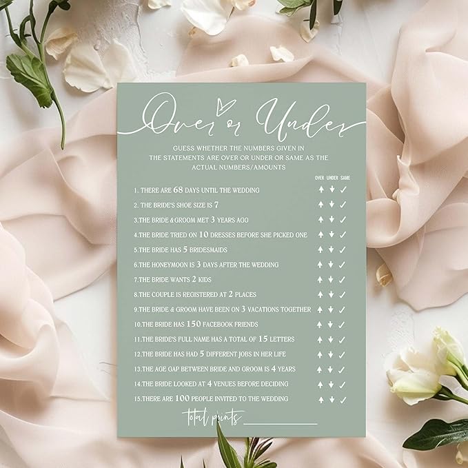 Bridal Shower Games Cards, Guess Over or Under, 25 Guests, Engagement Party Wedding Games, Minimalist Green Wedding Party Supplies - C13, Blue