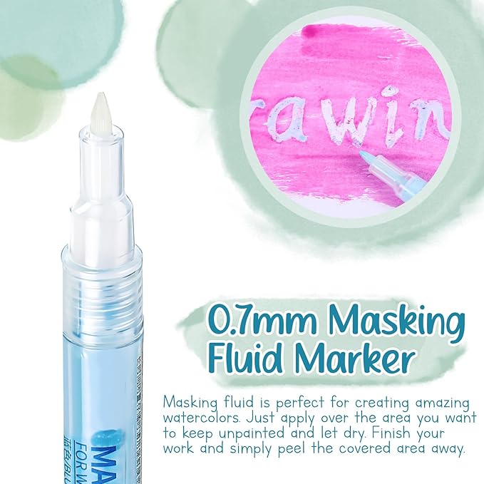2 Pcs Masking Fluid Pen for Watercolor Painting, Capacity with Applicator Tip, Masking Fluid Marker for Various Art Projects Watercolor Ink (Blue,0.7mm)