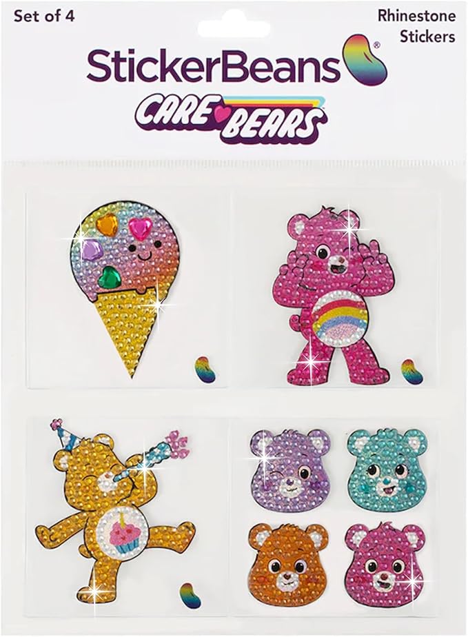 StickerBeans® Rhinestone Stickers - Care Bear II Collection 4-Pack, 2” x 2” Each, Unique Sparkly Cut-to-Shape for Collecting, Trading, Decorating Laptops, Phone Cases, Scrapbooks for Kids & Teens