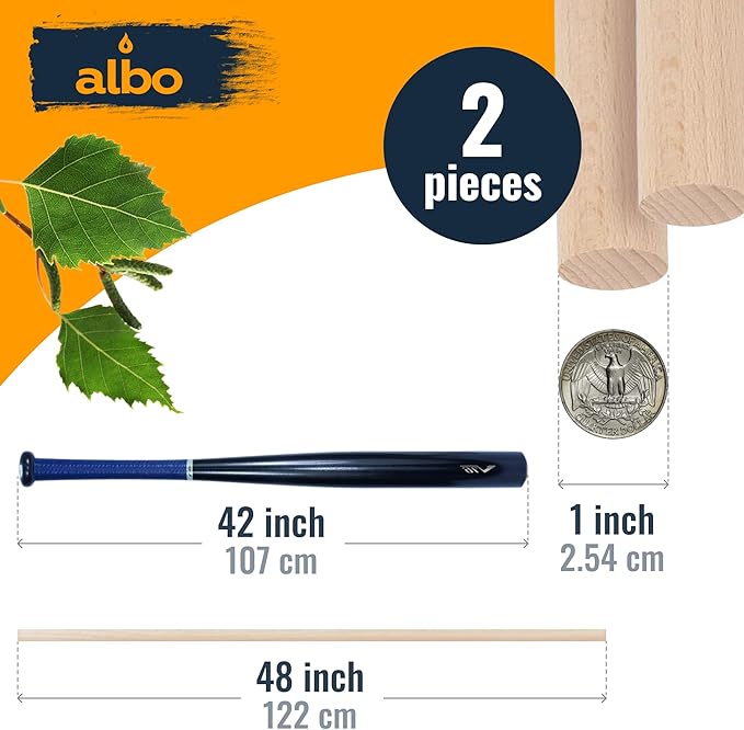 ALBO 1" x 48" Wooden Dowel Rods Set - 2 Pack Birch Natural Extra Long Hardwood Craft Sticks Stair Rails Supports Garden Structures Smooth Sanded Finish Woodworking Material DIY Furniture