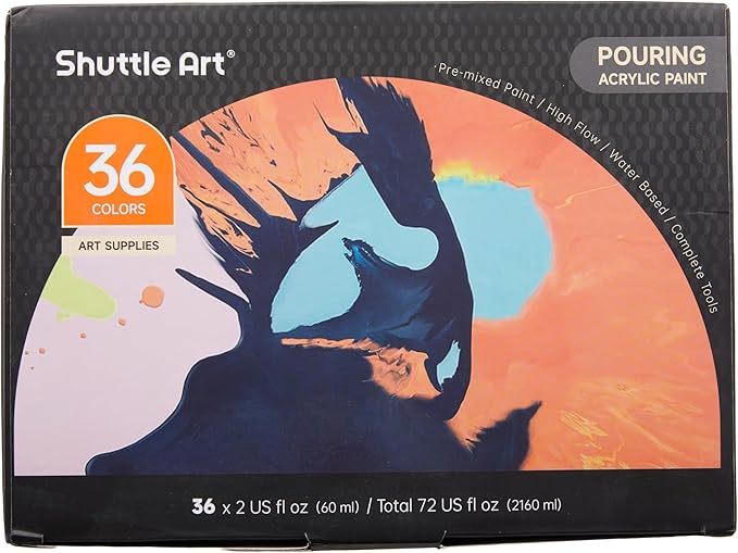 Shuttle Art Acrylic Pouring Paint, Set of 36 Bottles (2 oz/60ml) Pre-Mixed High-Flow Pouring Supplies with Canvas, Silicone Oil, Measuring Cups, Tablecloths, Complete Paint Pouring Kit