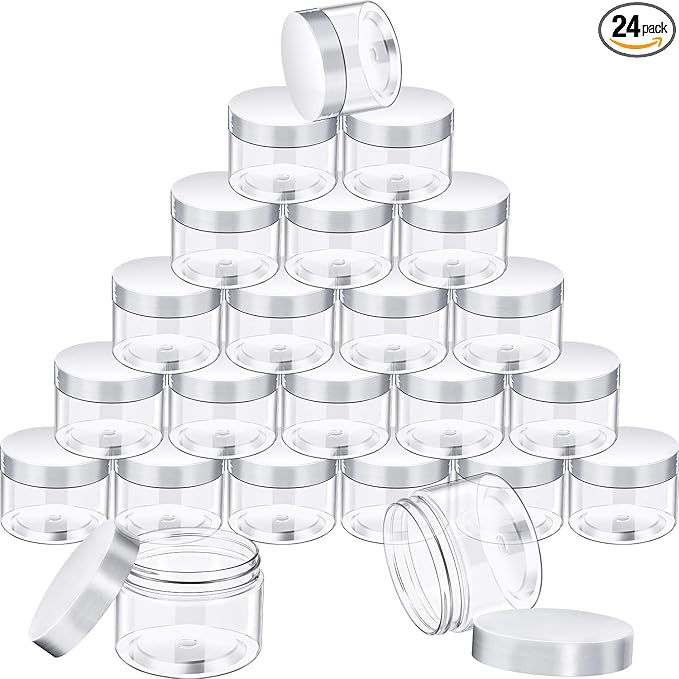 SATINIOR 24 Pieces Empty Clear Plastic Jars with Lids Round Storage Containers Wide Mouth for Beauty Product Cosmetic Cream Lotion Liquid Butter Craft and Food(White Lid,12 oz)