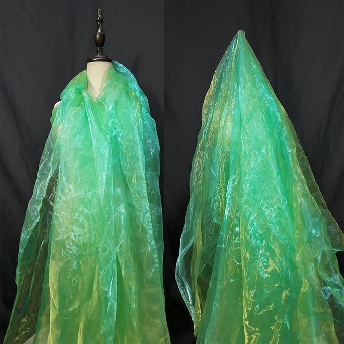 Two-Tone Iridescent Holographic Organza Fabric - 11 Yards by The Yard | Lightweight Sheer Tulle | for Wedding Dresses, Party Decor, DIY Crafts, Shiny Backdrops(Grass Green + hint of Yellow)